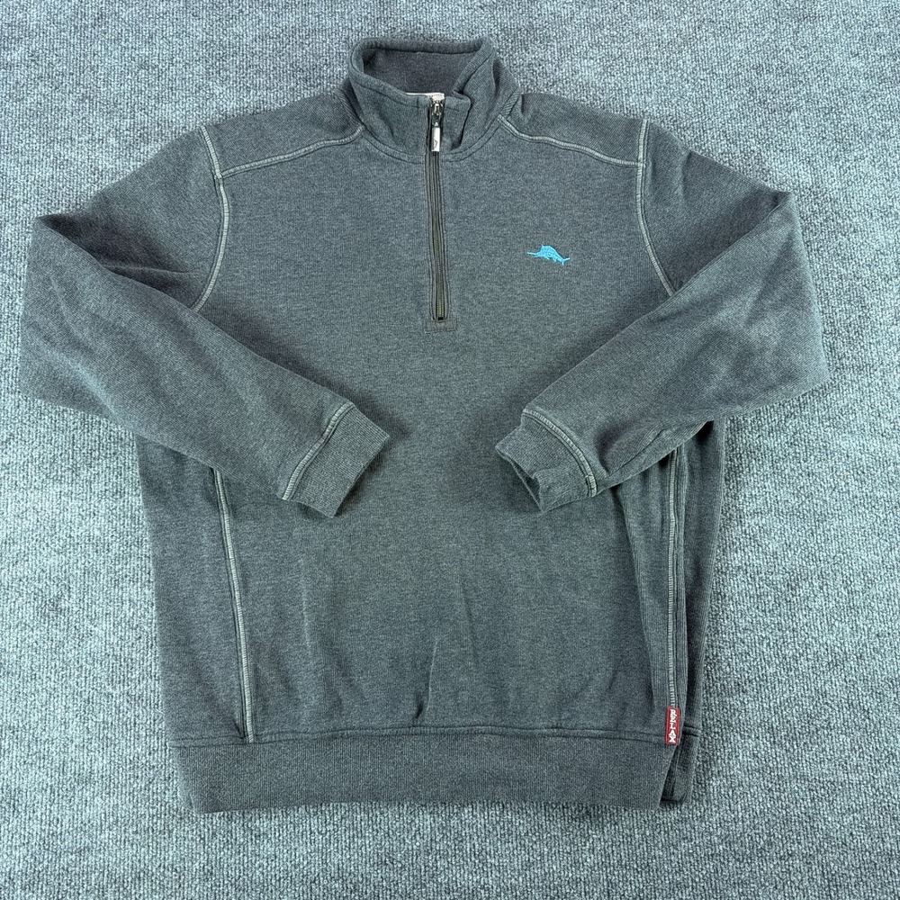 Tommy Bahama Relax Mens‎ Medium Gray 1/4 Zip Cotton Pullover Sweater Marlin Fall